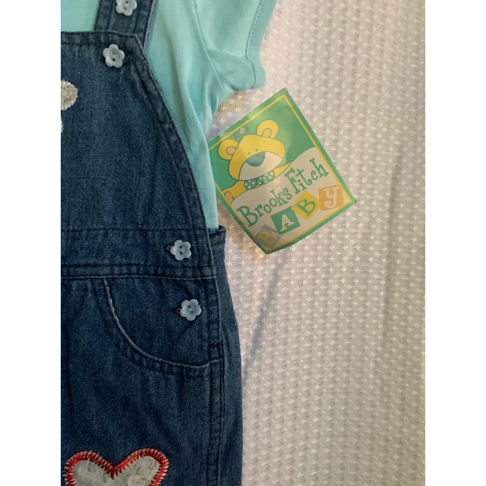 Brooks Fitch Baby Girls 12M Denim Floral Overalls &‎ Mint T-Shirt 2pc Set NWT